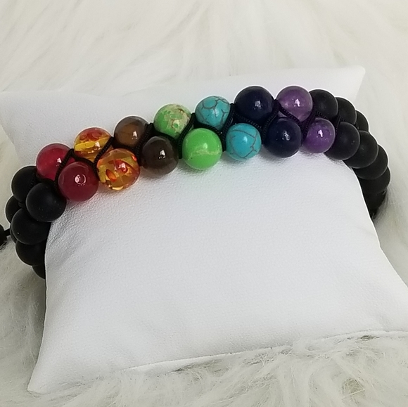 7 Chakra Double Layer Natural Lava Stone Bracelet - Picture 4 of 5